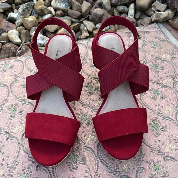 American Eagle Heels Womens Sz 6.5 Cork Wedge Platform Sandals Red Suede Elastic - Picture 2 of 8